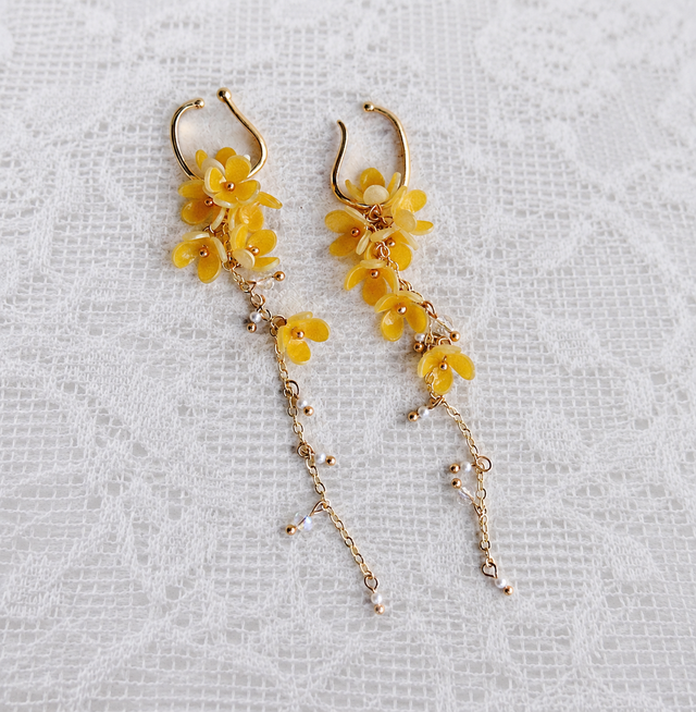 Yellow Gold Floral No-Piercing Tassel Ear Cuffs Earrings