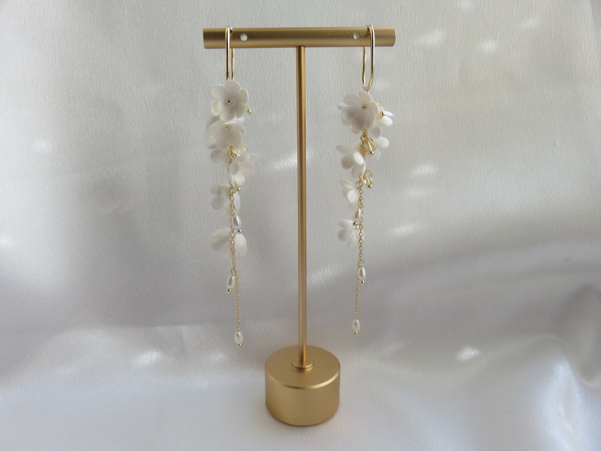 Gold White Floral Non-Piercing Tassel Earrings — view 3