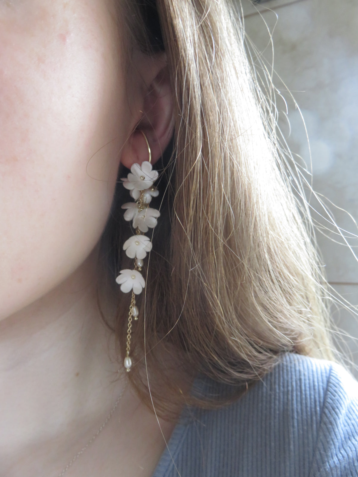 Gold White Floral Non-Piercing Tassel Earrings — view 2