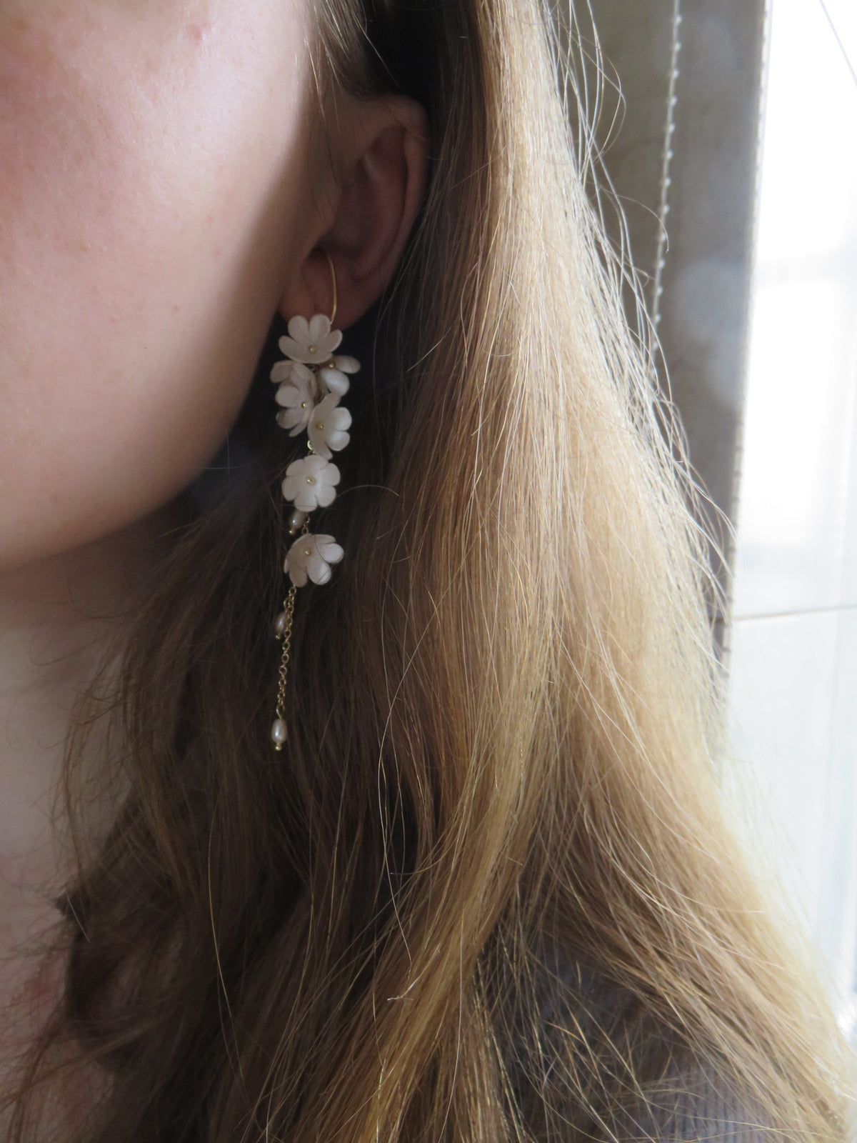 Gold White Floral Non-Piercing Tassel Earrings — view 7