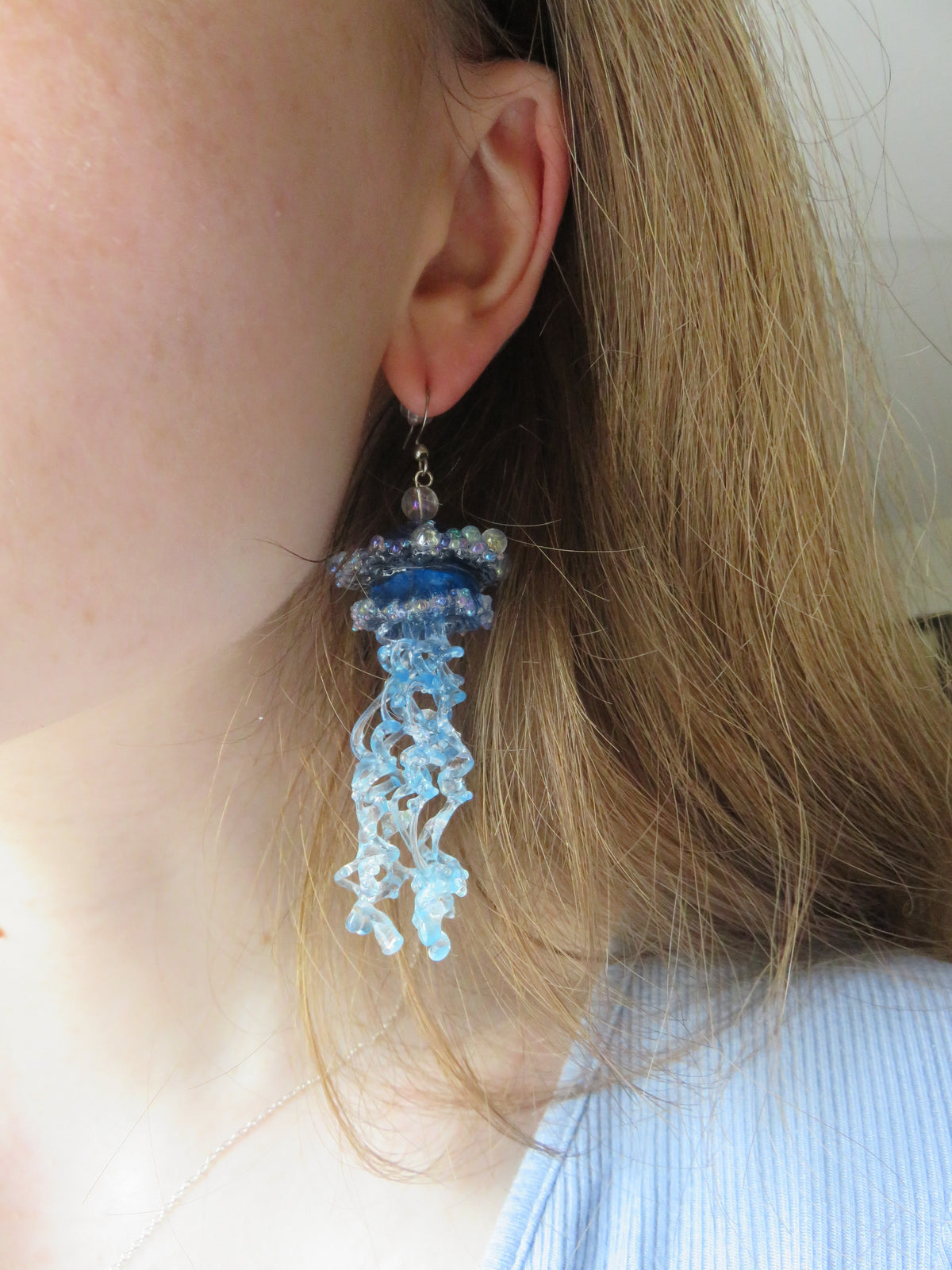 Blue & Purple Asymmetrical Jellyfish Earrings — view 2