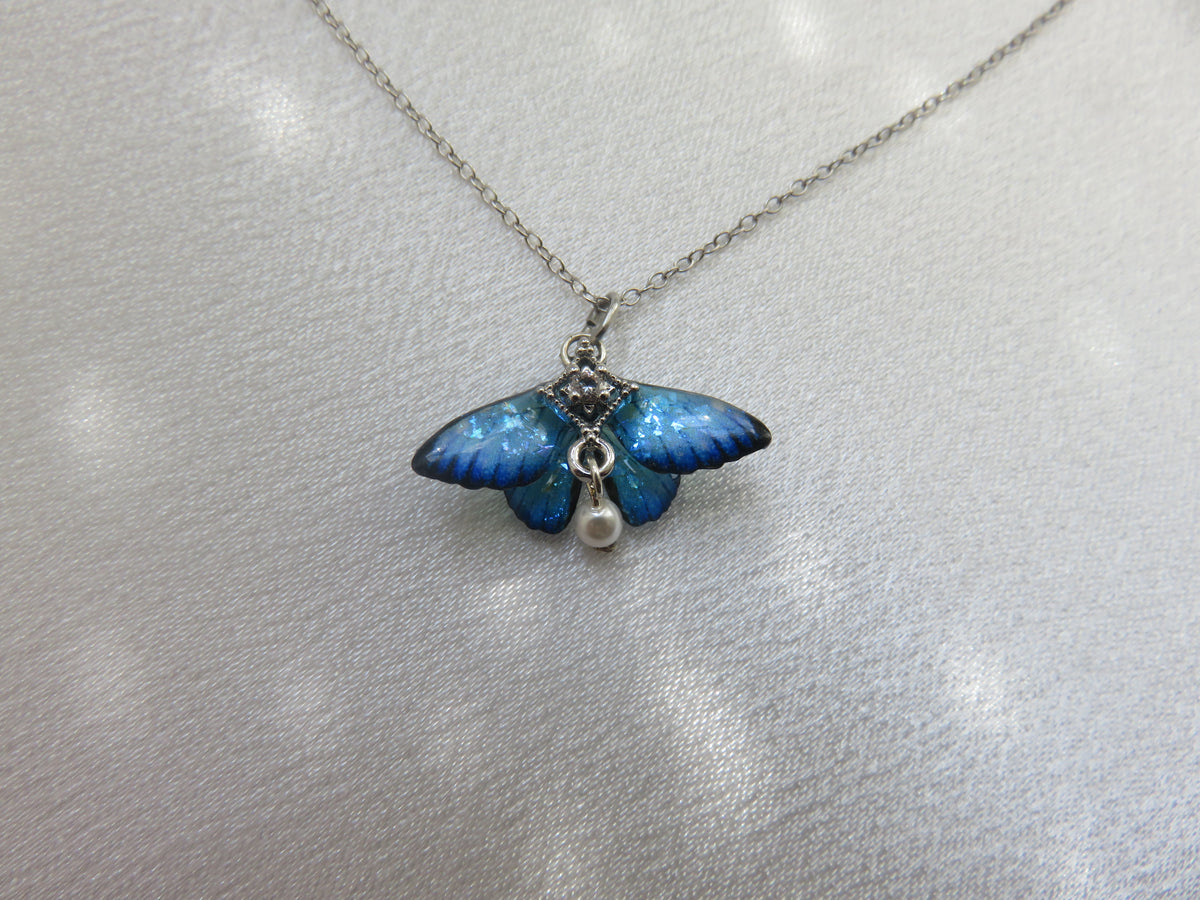 Iridescent Blue Butterfly Silver Necklace — view 4