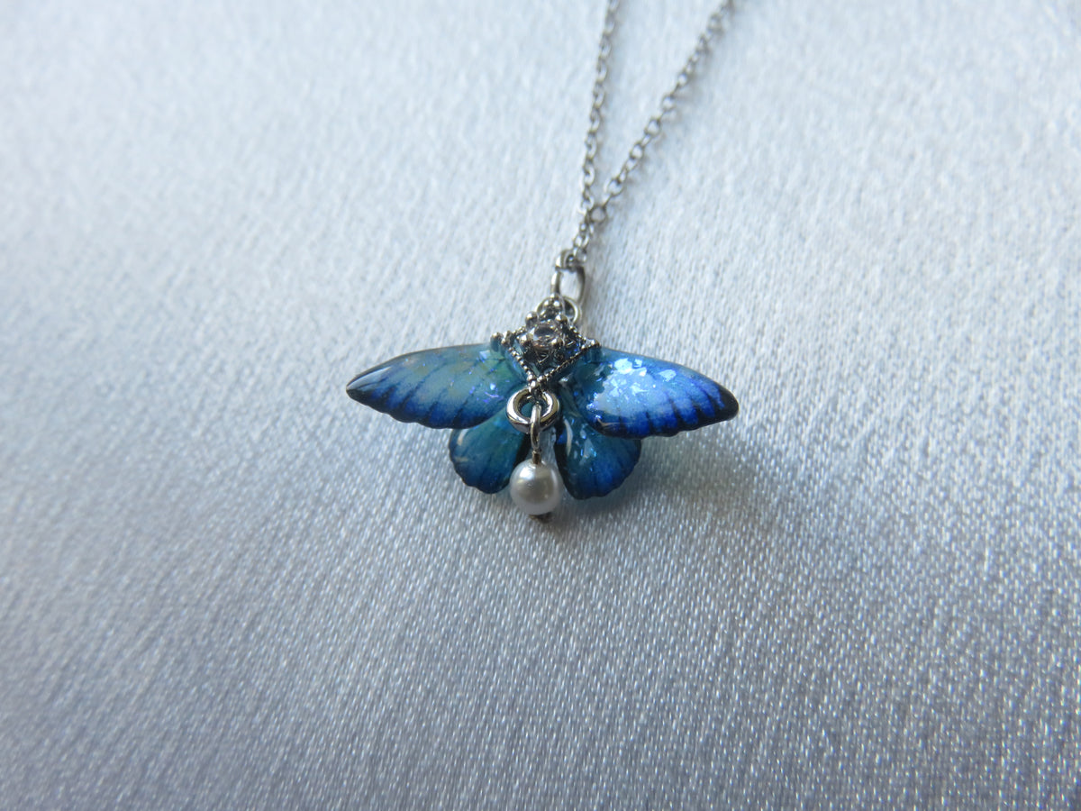 Iridescent Blue Butterfly Silver Necklace — view 6