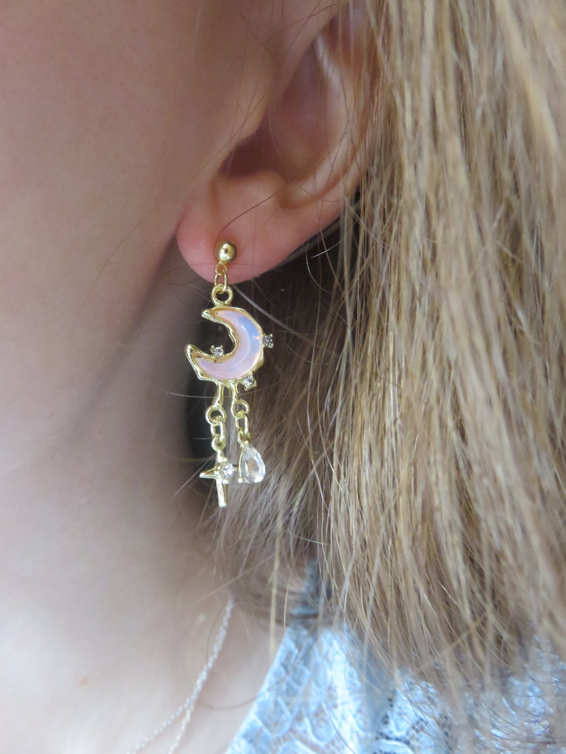 Pink Moon & Star Drop Earrings
