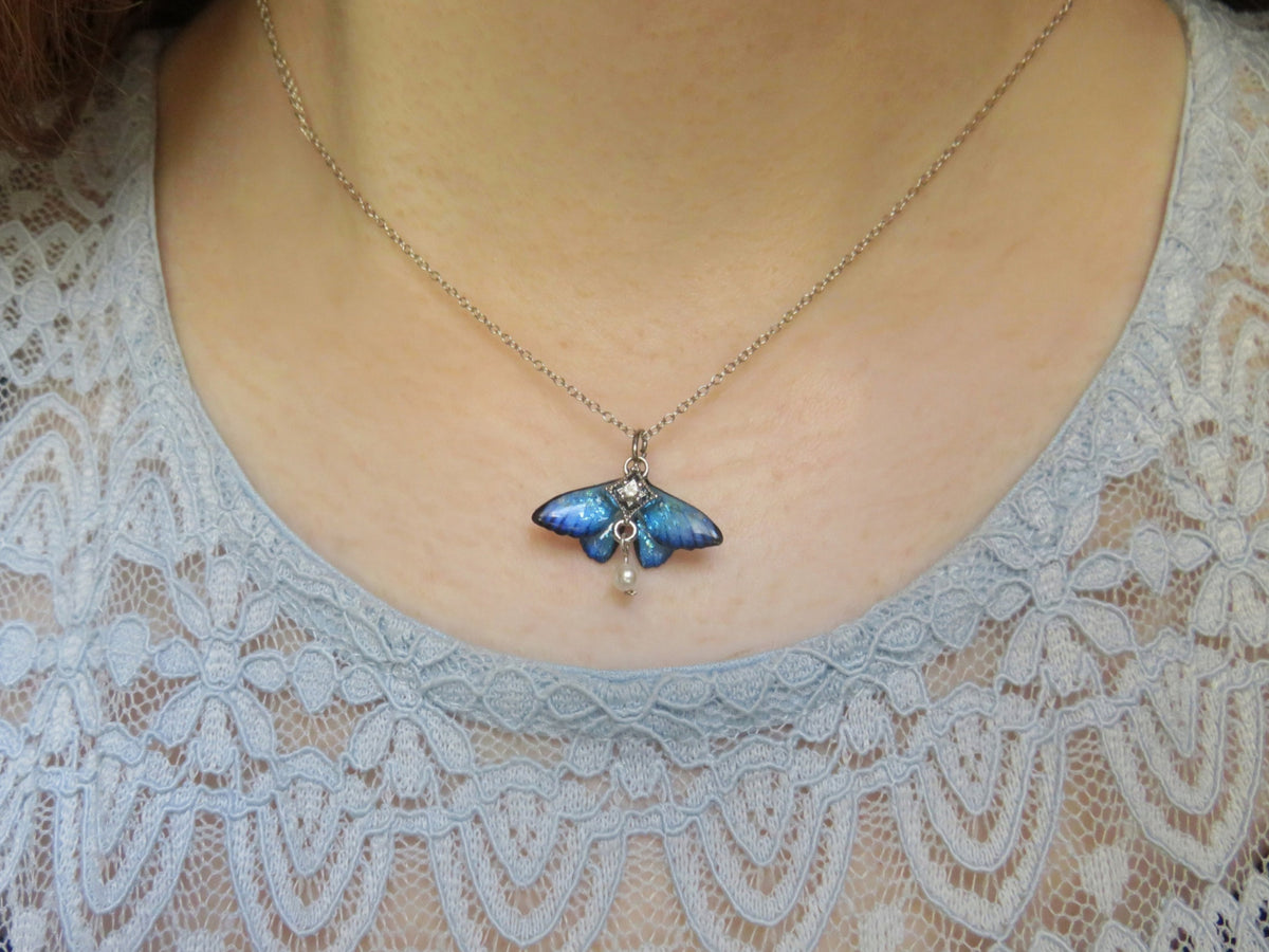 Iridescent Blue Butterfly Silver Necklace — view 2