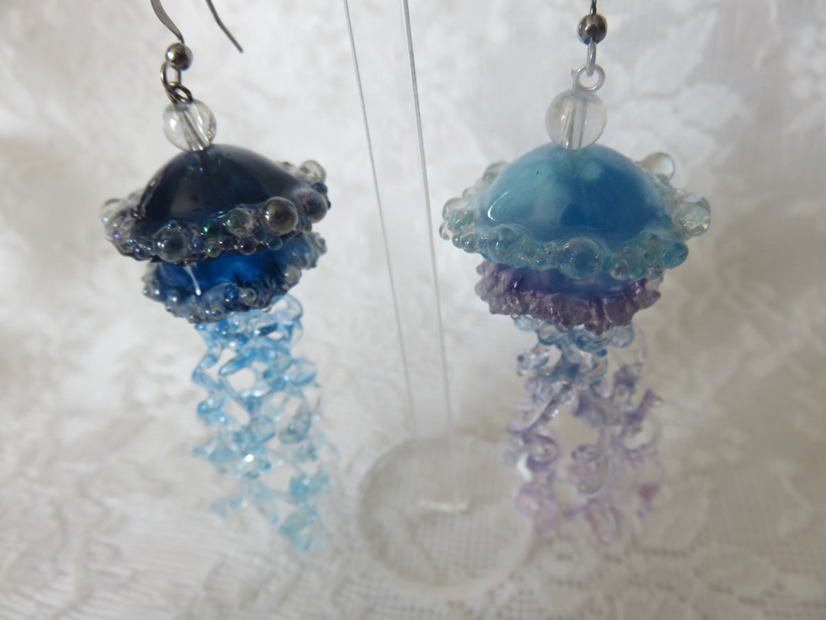 Blue & Purple Asymmetrical Jellyfish Earrings — view 3