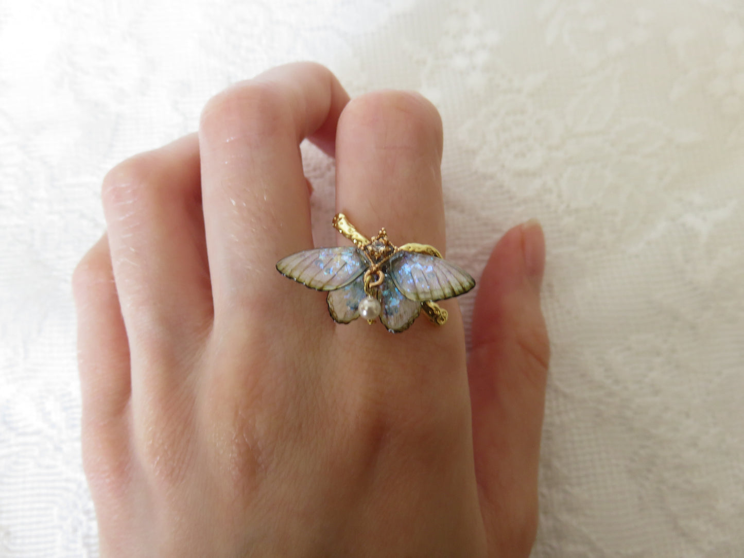 Gold Iridescent Moth Ring