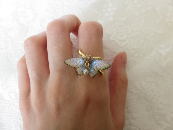 Gold Iridescent Moth Ring