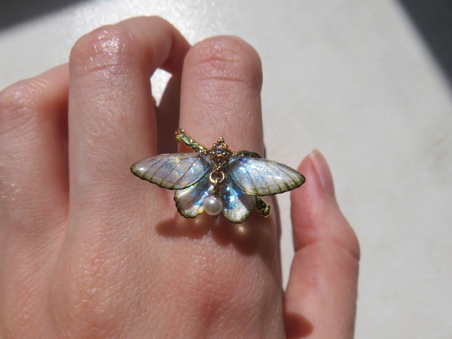 Gold Iridescent Moth Ring