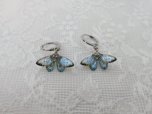 A pair of iridescent blue butterfly earrings with silver hoops