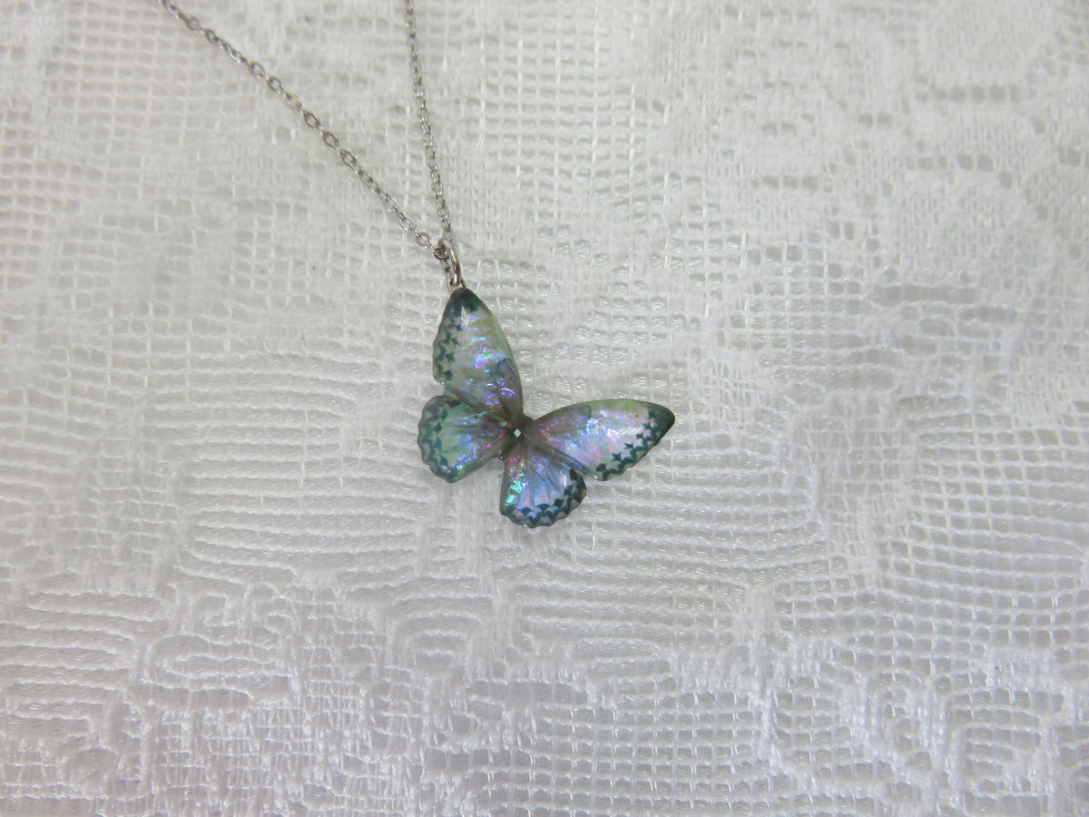 Iridescent Purple Green Butterfly Necklace — view 3