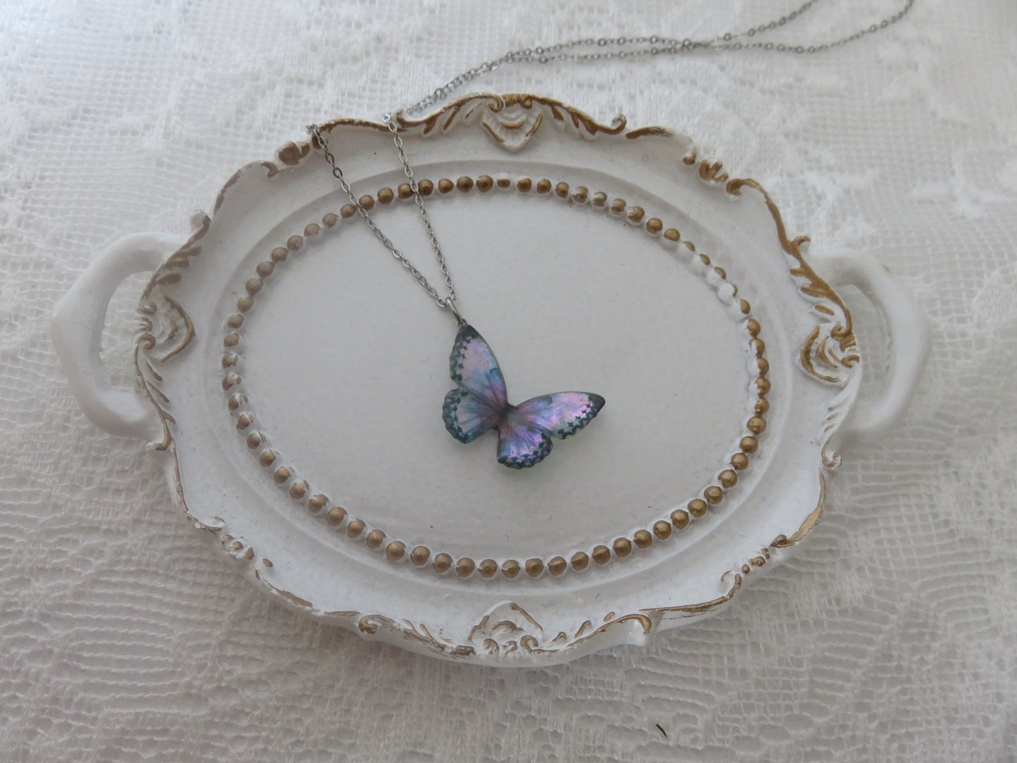 Iridescent Purple Green Butterfly Necklace