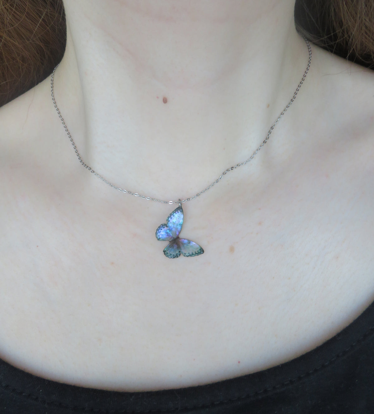 Iridescent Purple Green Butterfly Necklace — view 2