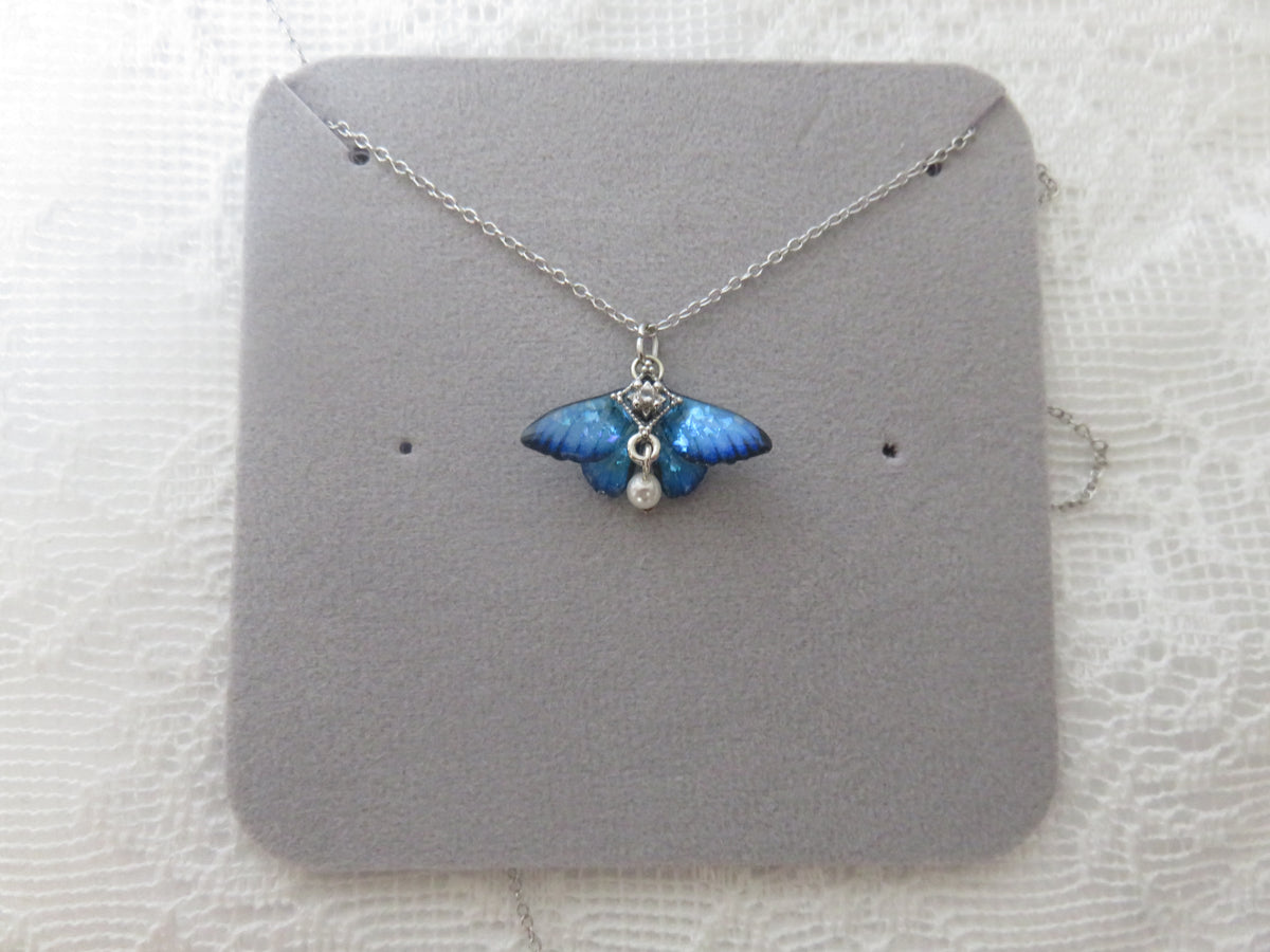 Iridescent Blue Butterfly Silver Necklace — view 5