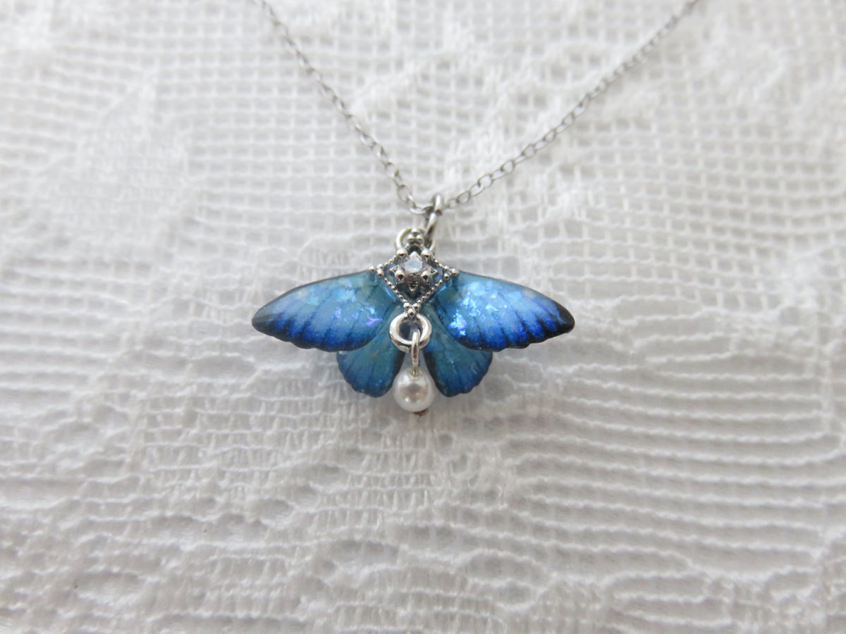 Iridescent Blue Butterfly Silver Necklace