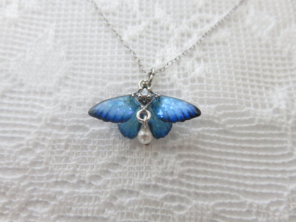 Iridescent Blue Butterfly Silver Necklace
