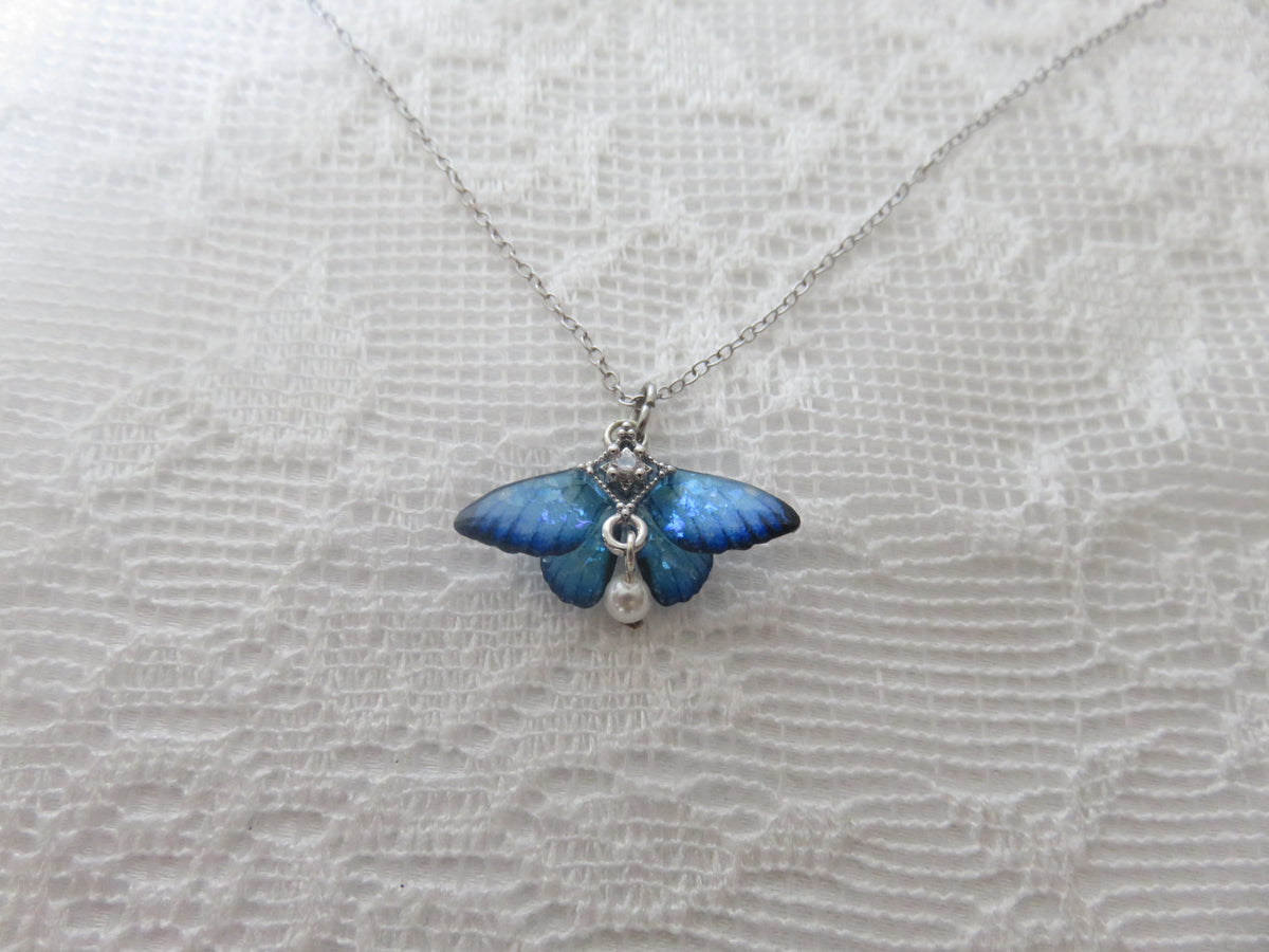 Iridescent Blue Butterfly Silver Necklace — view 3