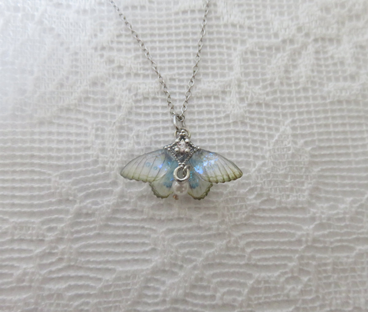 Iridescent Moth Silver Necklace