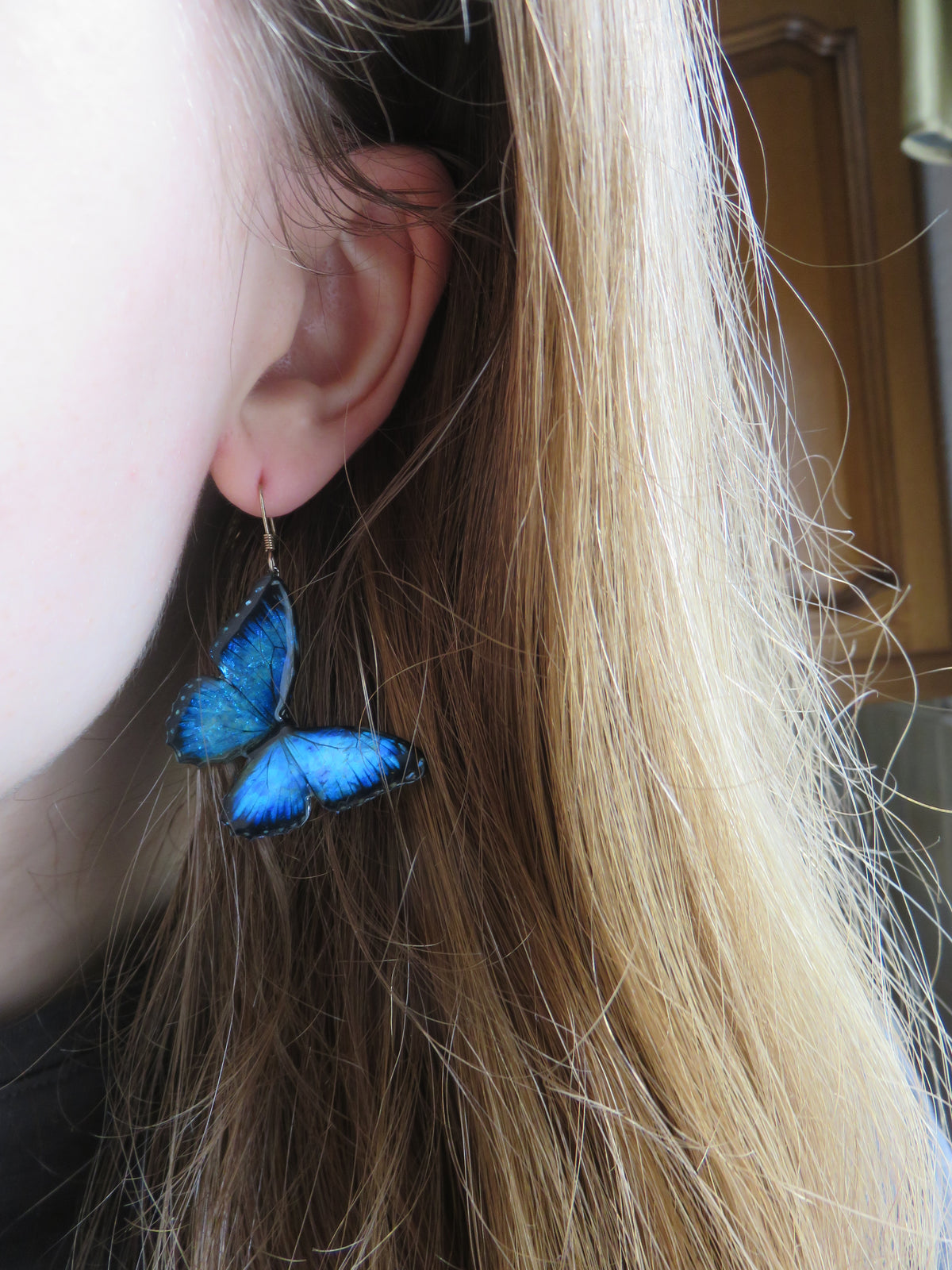 Blue Morpho Butterfly Dangle Earrings — view 2