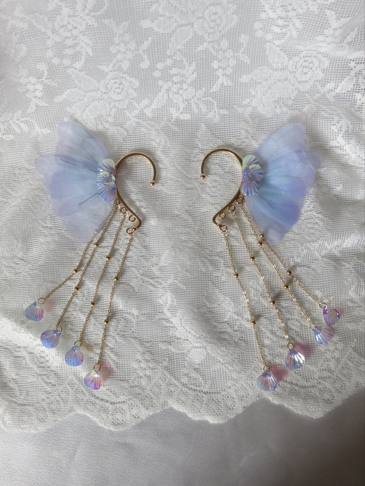 Light Blue-Purpleish Fairy Wing Tassel Ear Cuffs — view 3