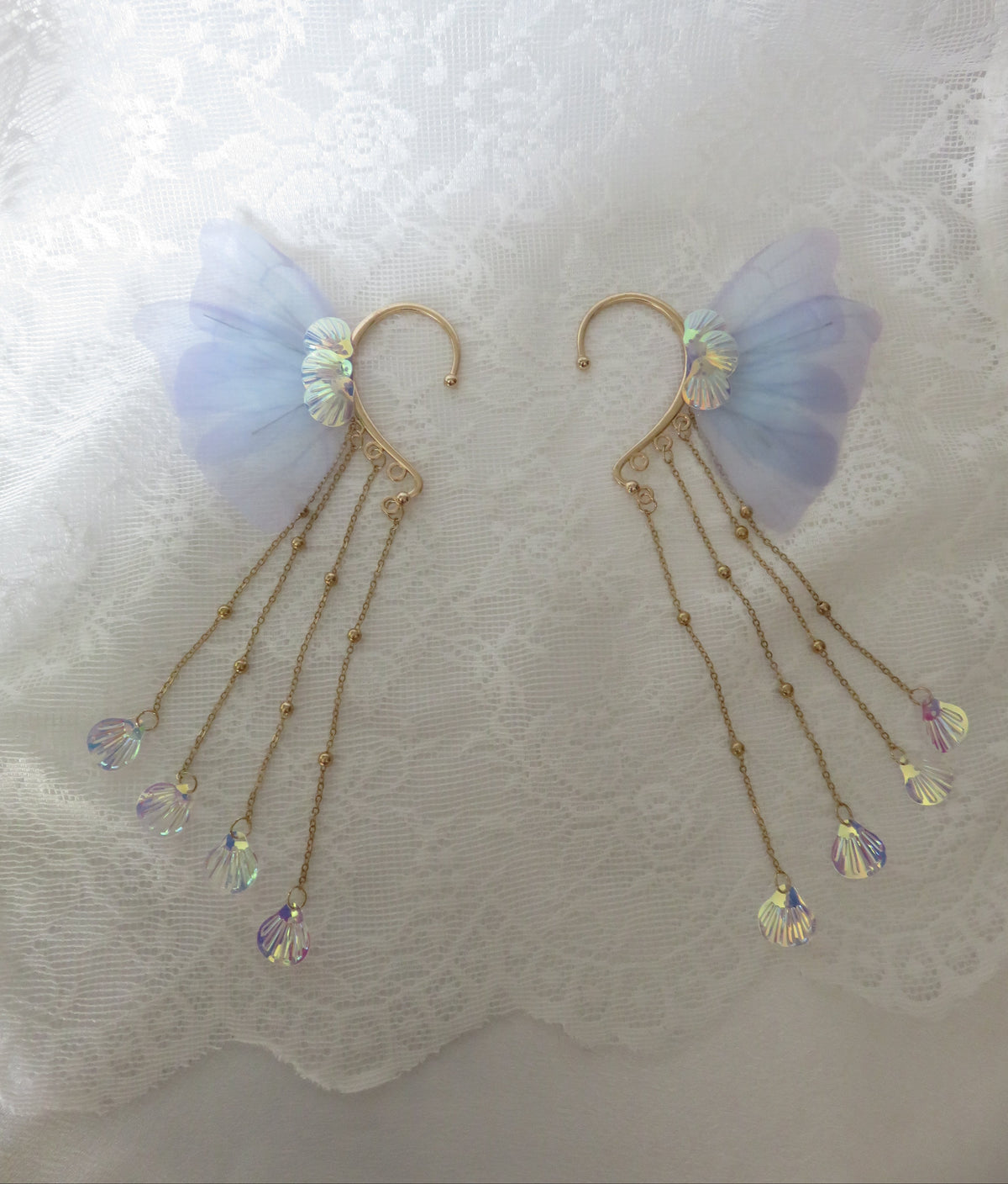 Light Blue-Purpleish Fairy Wing Tassel Ear Cuffs