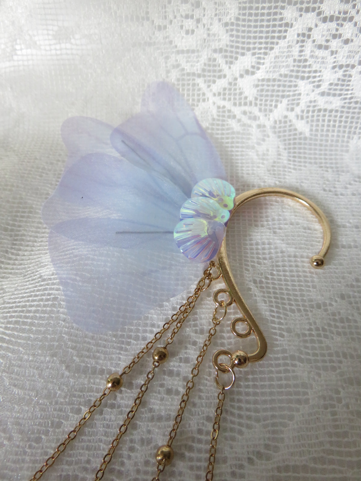 Light Blue-Purpleish Fairy Wing Tassel Ear Cuffs — view 5