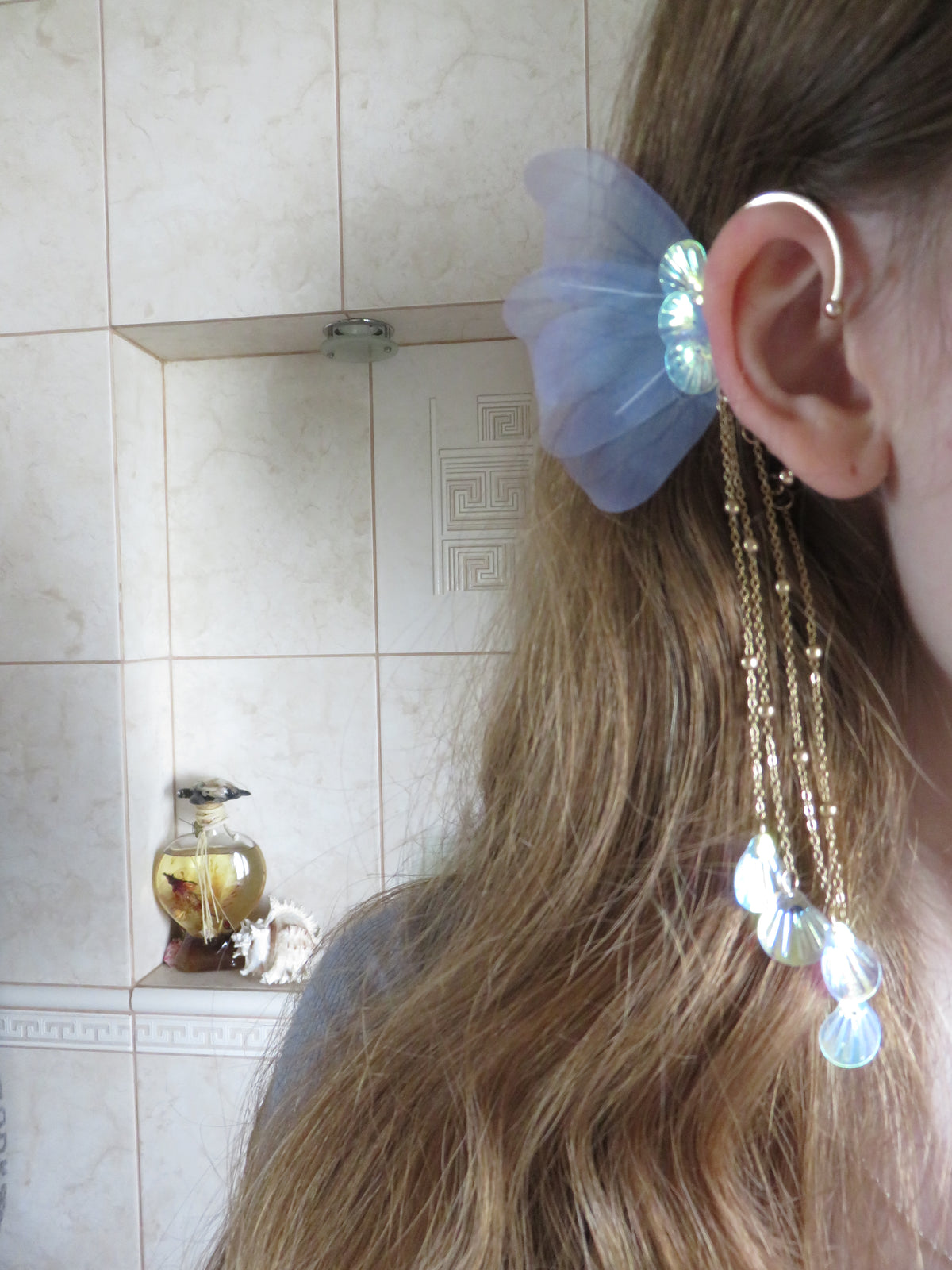 Light Blue-Purpleish Fairy Wing Tassel Ear Cuffs — view 2