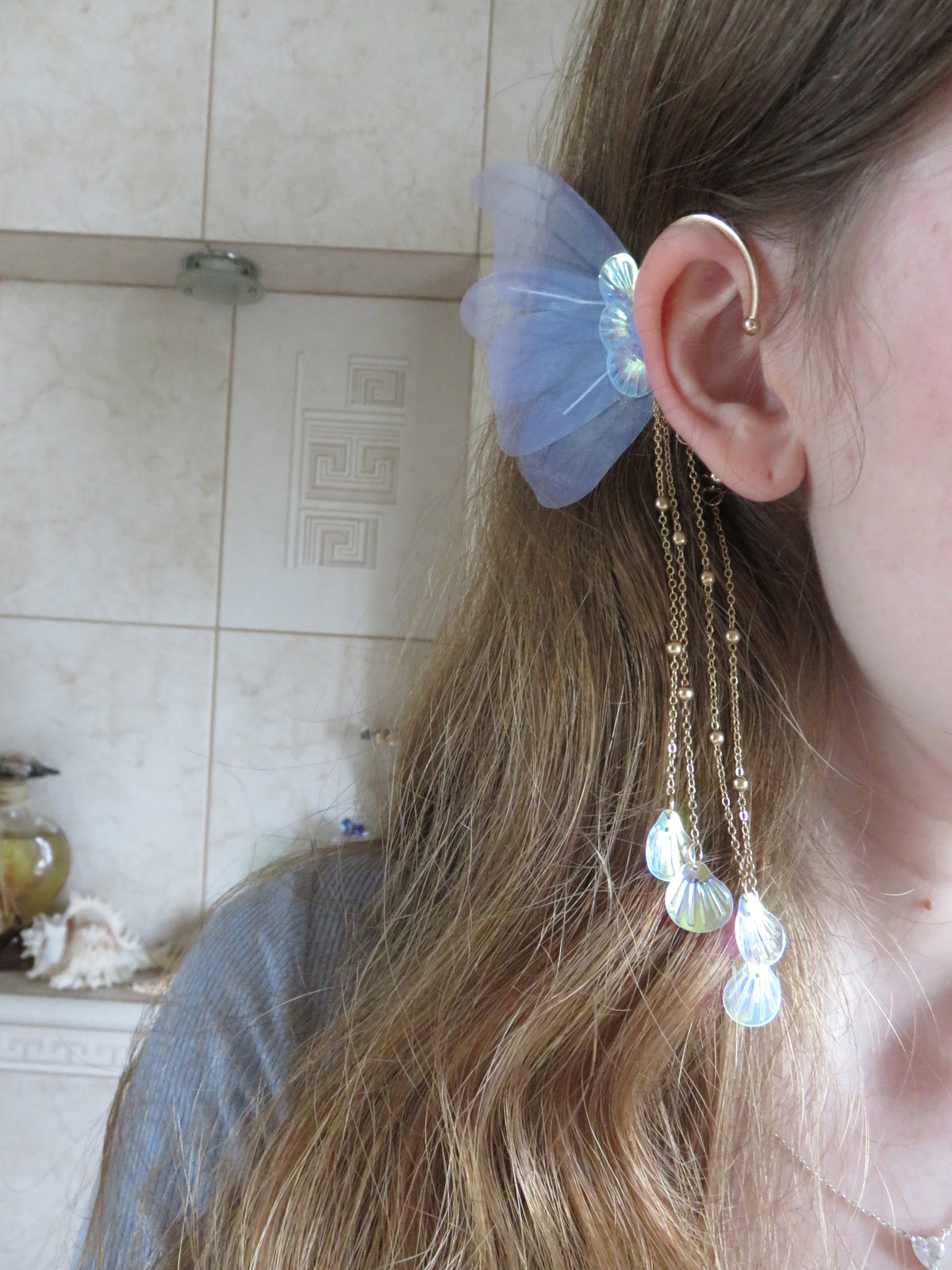 Light Blue-Purpleish Fairy Wing Tassel Ear Cuffs — view 4