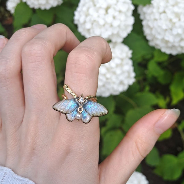 Gold Iridescent Moth Adjustable Ring
