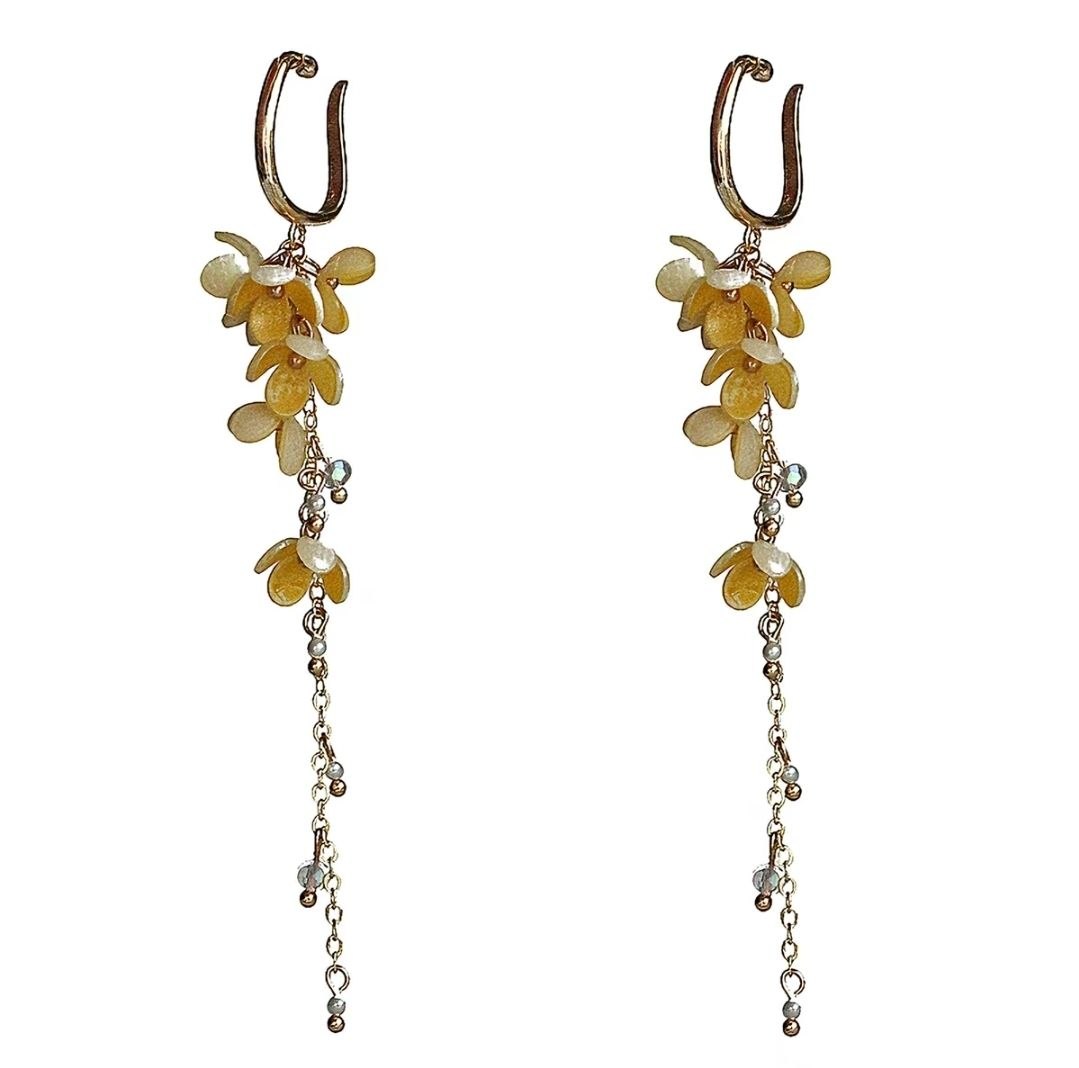 Yellow Gold Floral No-Piercing Tassel Ear Cuffs Earrings — view 7