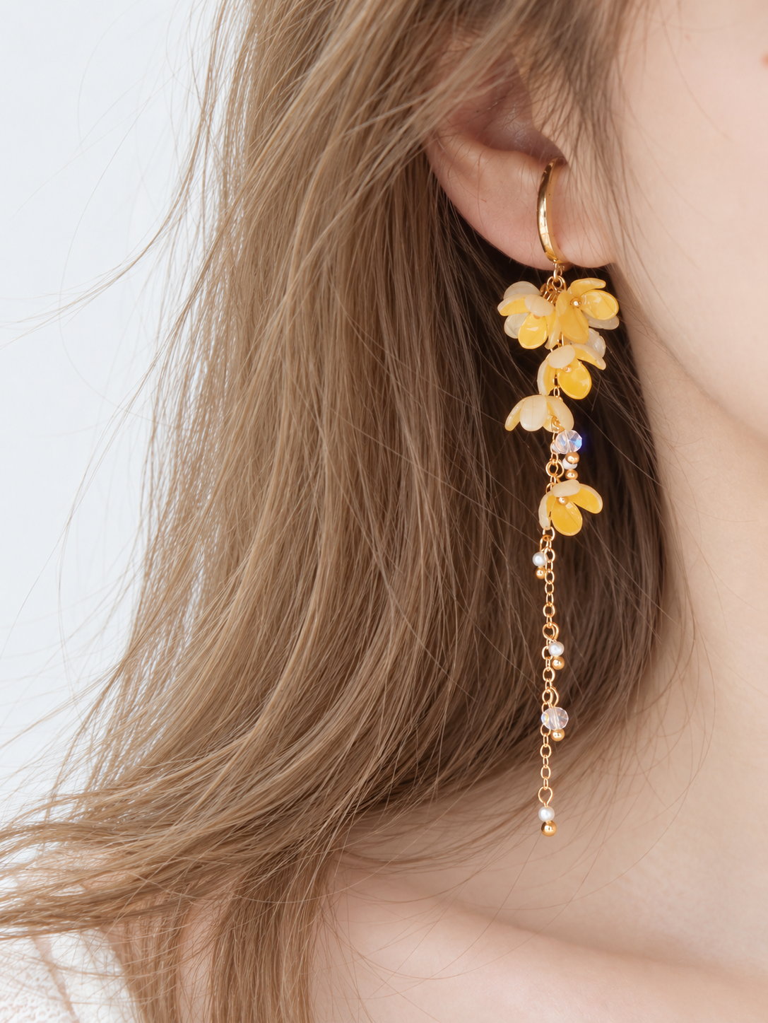 Yellow Gold Floral No-Piercing Tassel Ear Cuffs Earrings — view 4