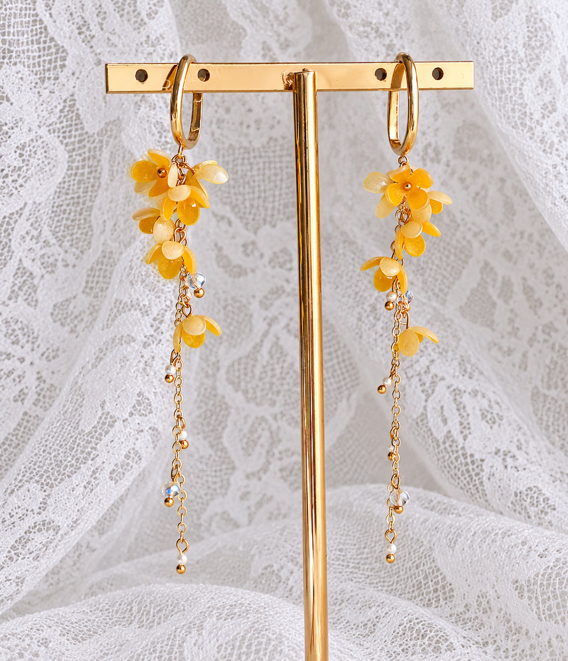 Yellow Gold Floral No-Piercing Tassel Ear Cuffs Earrings — view 3