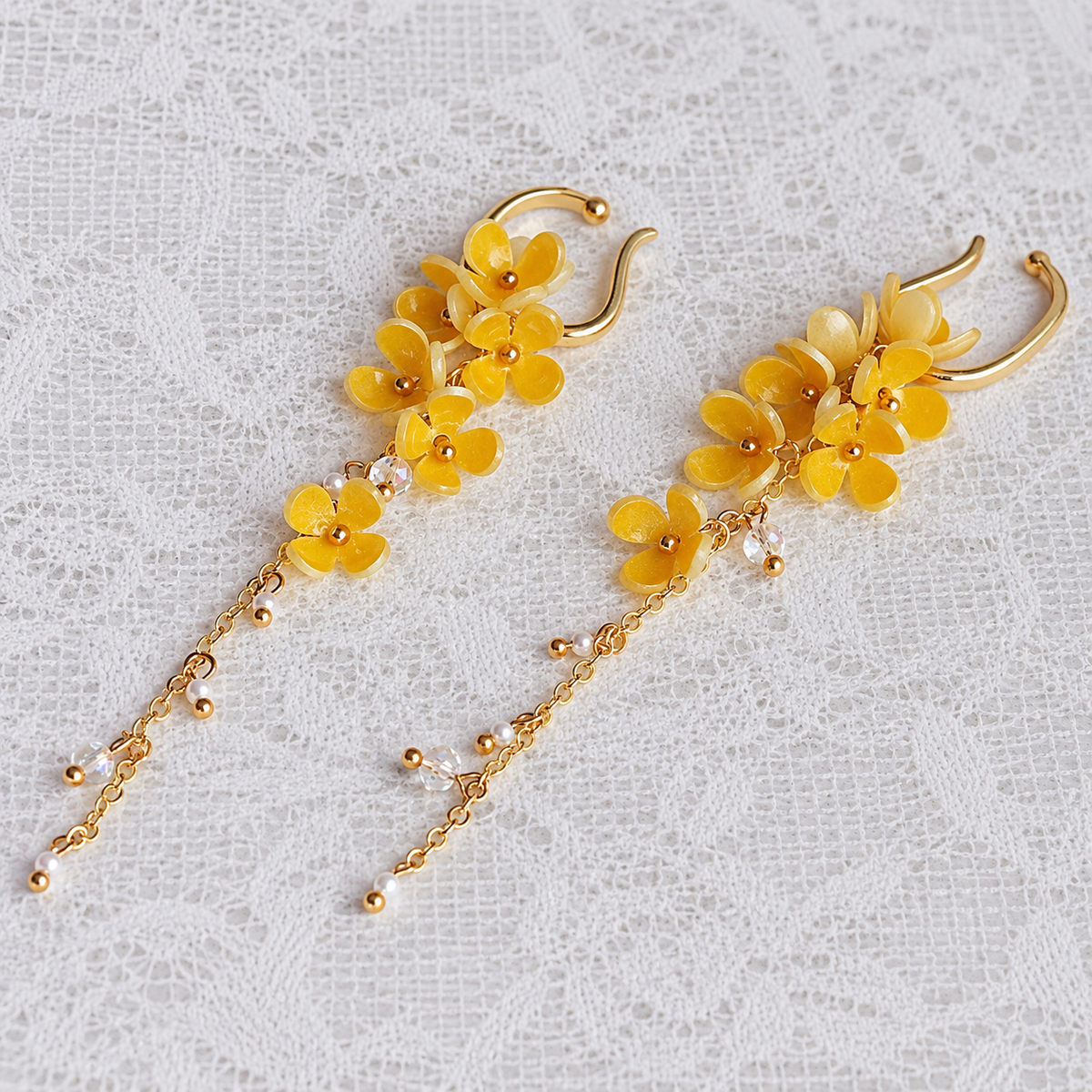 Yellow Gold Floral No-Piercing Tassel Ear Cuffs Earrings — view 5